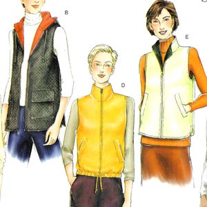 May include: Illustration of three vests in different styles. One is black with a quilted pattern and a red hood. Another is bright yellow with a zip-up front. The third is white with a black collar and orange long sleeves.