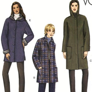 May include: A sewing pattern illustration featuring three coat styles: a purple coat with a hood and faux fur trim labelled E, a blue and brown plaid coat with a collar labelled B, and an olive green hooded coat with large patch pockets labelled C.