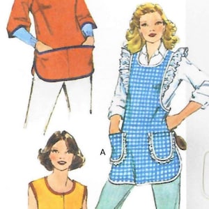 Puede incluir: Ilustración de tres delantales diferentes. Uno es naranja con mangas azules y un cuello alto azul. Otro es un delantal de cuadros azules con ribete blanco. El tercero es un delantal sin mangas amarillo con ribete marrón.