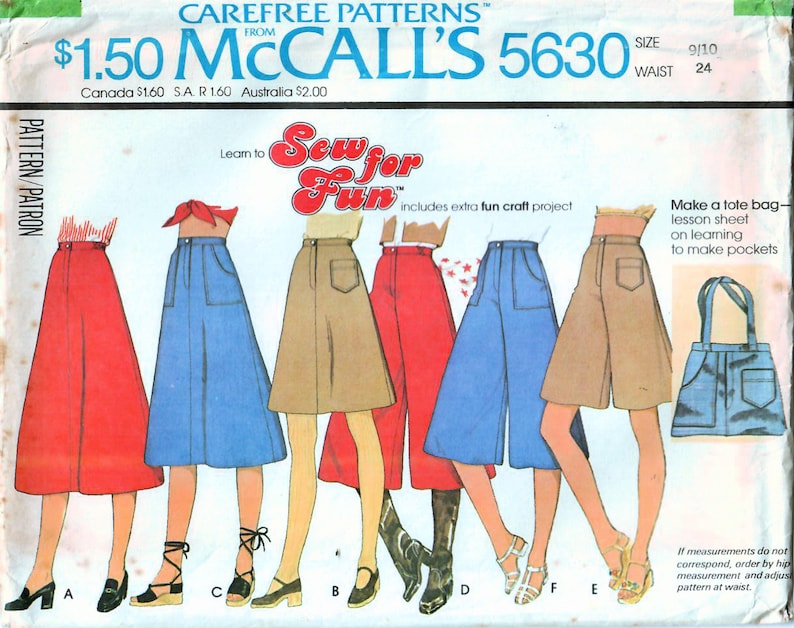May include: A vintage sewing pattern for a tote bag and a skirt. The pattern is called "Sew for Fun" and is from McCall's. The pattern number is 5630 and the size is 9/10 with a 24 inch waist.