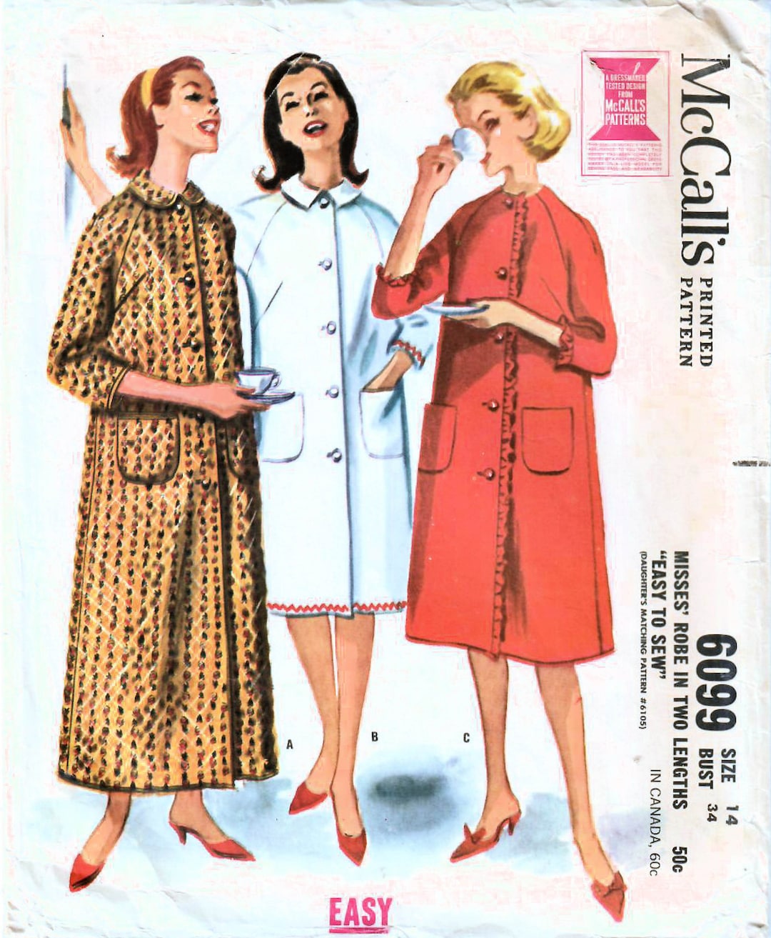 1960s Mccall's 6099 Vintage Sewing Pattern Misses Robe, Long Robe ...
