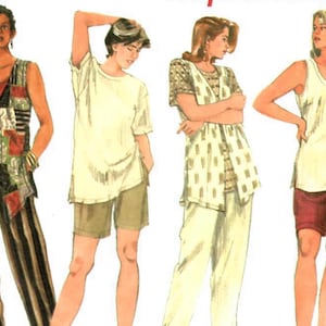 May include: Illustration of four figures showcasing various clothing styles. The first figure wears a patchwork vest and striped pants. The second figure is in a white t-shirt and shorts. The third figure is in a patterned top and pants. The fourth figure is in a tank top and skirt.