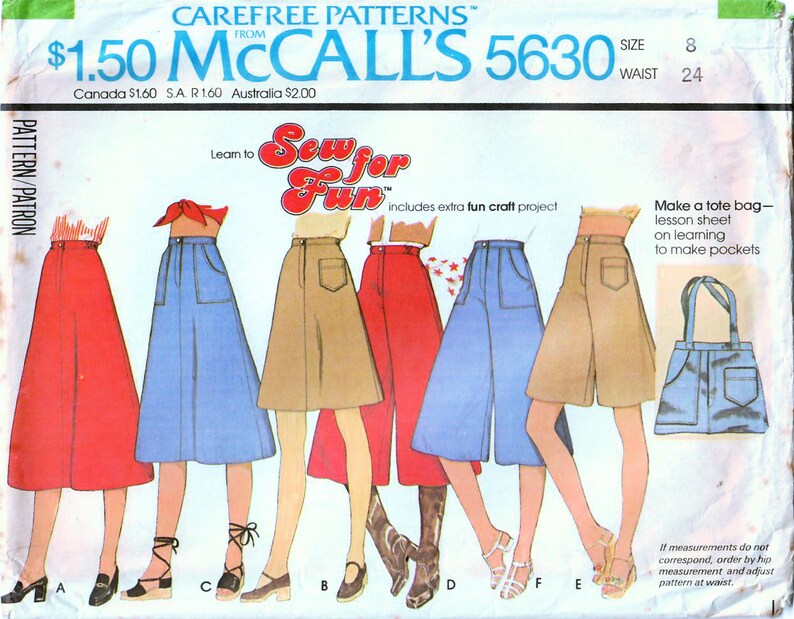 May include: A vintage sewing pattern for making five different styles of culottes. The pattern is called "Sew for Fun" and includes instructions for making a tote bag. The pattern is size 8, waist 24 inches.