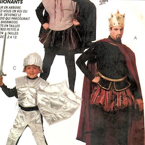 May include: Image of three costumes: a king, a Robin Hood, and a knight. The king wears a crown, cape, and tunic. The Robin Hood costume includes a hat and cape. The knight has a helmet, shield, and armor. Text on the image says "Costumes Sizes X-Small thru Boys 2 thru 12."