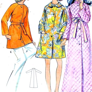 May include: Vintage sewing pattern featuring three coat designs. One is a bright orange coat with a belt, another is a floral print coat, and the third is a quilted pink robe with a belt. The pattern includes line drawings of the coat designs.