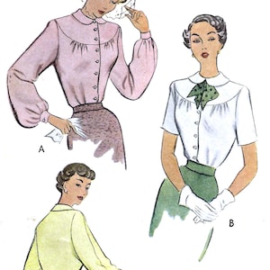 May include: Vintage fashion illustration featuring three women in blouses. The blouses are in pink, white, and yellow, with details like puffed sleeves, button-up fronts, and Peter Pan collars. The illustration showcases classic 1950s style.