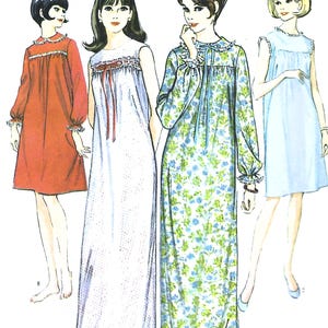 May include: Illustration of four vintage nightgowns in various styles. One is red with long sleeves, another is white with a bow, a third is floral, and the last is sleeveless and light blue. All have decorative trim.