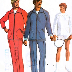 May include: Three vintage tracksuits in red, blue, and white. The red and blue tracksuits have a zip-up jacket and matching pants. The white tracksuit has a zip-up jacket, shorts, and a tennis racket.