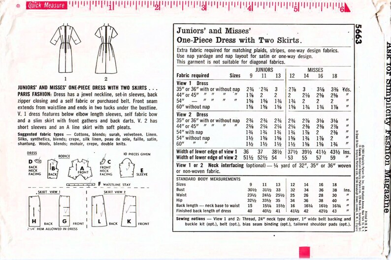1960s Simplicity 5663 Vintage Sewing Pattern Misses One Piece Dress