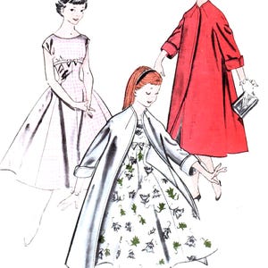 May include: Illustration of three women in vintage dresses and coats. One woman wears a light pink dress with a bow, another a red coat, and the third a white coat over a floral dress. The dresses have a 1950s style.