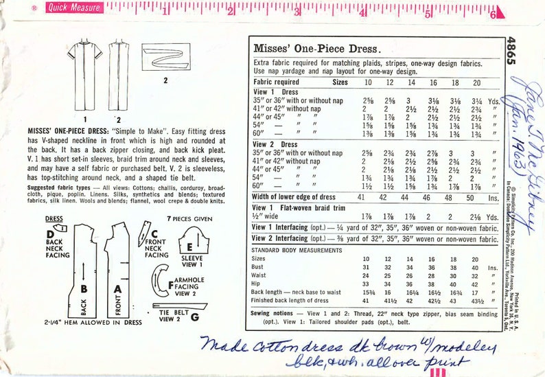 1960s Simplicity 4865 Vintage Sewing Pattern Misses One Piece Dress ...