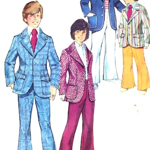 May include: Illustration of four people wearing vintage suits. The suits include a blue plaid suit, a magenta patterned suit, a blue suit with white trousers, and a striped suit with yellow trousers. Each suit has a matching tie.