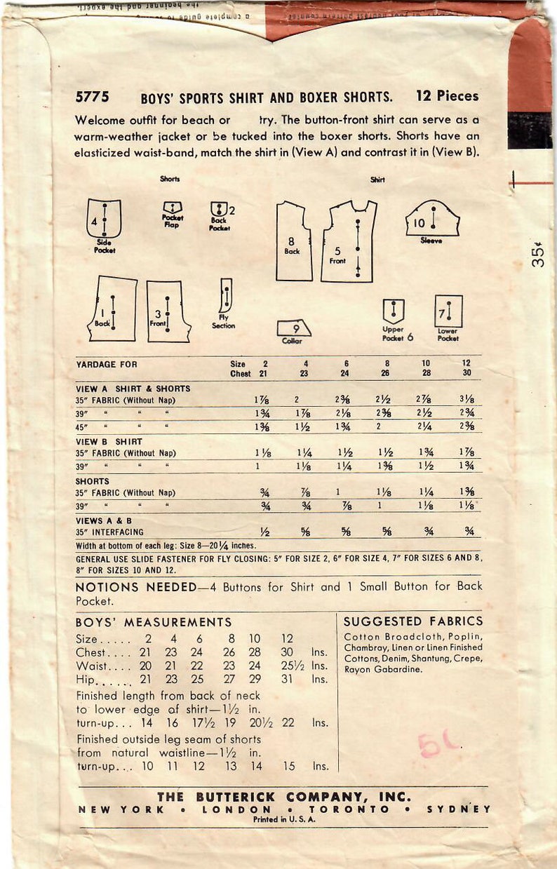 1950s Butterick 5775 UNCUT Vintage Sewing Pattern Boys Sports Shirt, Shorts, Boxer Shorts Size 2, Size 4, Size 12 image 2