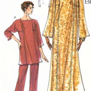 May include: A sewing pattern envelope featuring two garment styles: a solid red tunic with matching straight-leg trousers, and a long, floor-length yellow dress with a brown leopard-like print. The text 14, 16, 18 and 7335/14 is visible.