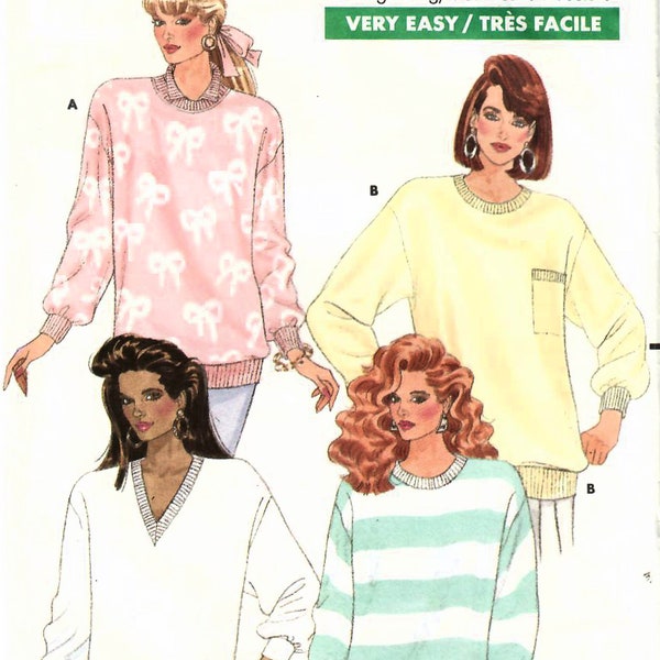 1980s Butterick 6020 Vintage Sewing Pattern Misses Casual Top, Pullover Top, Sweatshirt, Loose-fitting Top Size P-S-M-L Bust 30.5-40