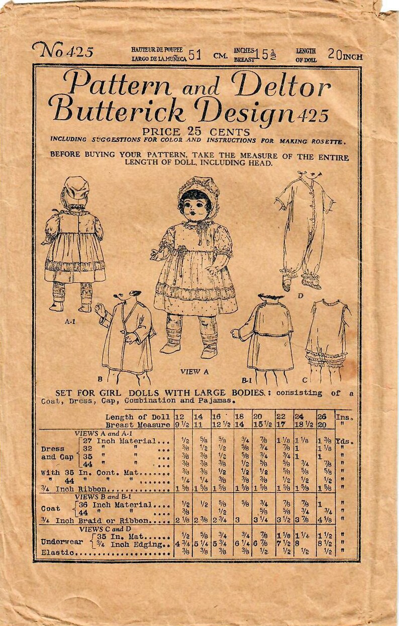 20 inch dydee doll doll clothes sewing pattern Vintage 1930/'s McCall 632