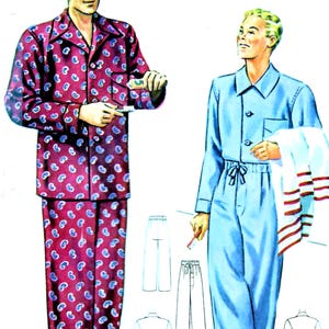 May include: Two people wearing pajamas. One set is burgundy with a paisley pattern, the other is light blue. The image also shows pajama pattern designs. The pajamas have long sleeves and button-up tops.