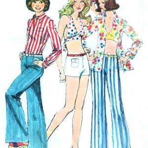 May include: Three women wearing different outfits. The woman on the left is wearing a red and white striped shirt, blue bell-bottom pants, and a hat. The woman in the middle is wearing a white halter top with red polka dots, white shorts, and a red belt. The woman on the right is wearing a floral print shirt, blue and white striped pants, and a yellow halter top.