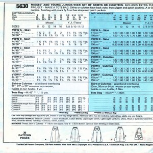 May include: A sewing pattern for making skirts, culottes, and a tote bag. The pattern includes instructions and measurements for sizes 8 to 16 and 7/8 to 11/12. The pattern is printed on blue paper with white text.