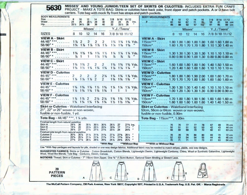 May include: A sewing pattern for making skirts, culottes, and a tote bag. The pattern includes instructions and measurements for sizes 8 to 16 and 7/8 to 11/12. The pattern is printed on blue paper with white text.