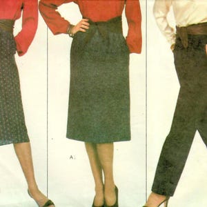 May include: Three vintage fashion illustrations featuring different skirt and trouser styles. The outfits include a dotted skirt, a pencil skirt, and tailored trousers, all paired with blouses and wide belts. The colour palette features red, white, and dark green.