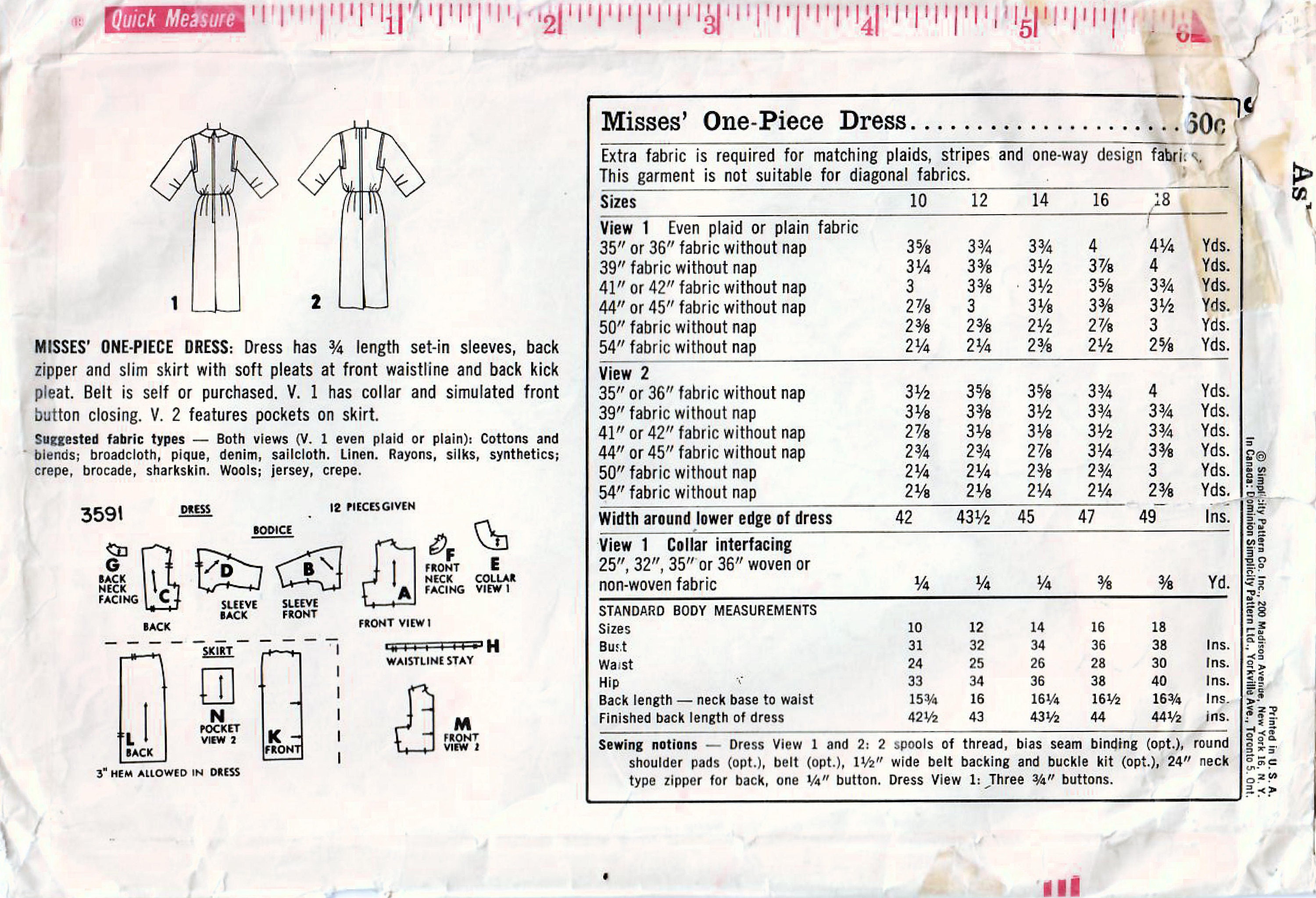 1960s Simplicity 3591 Vintage Sewing Pattern Misses Slim Dress ...