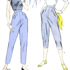 May include: Illustration of two figures wearing vintage high-waisted pants. One figure wears a dark top with a bracelet, the other a white top with a yellow scarf. Both figures wear bracelets and shoes. The pants are light blue.