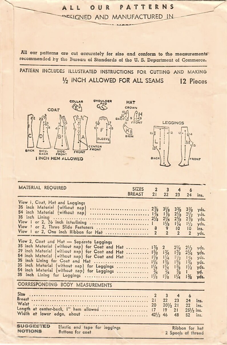 1940s Advance 2571 Ff Vintage Sewing Pattern Girls Tailored Princess Coat Leggings Size 4 Hat Sewing Craft Supplies Tools Gkjwonosari Com