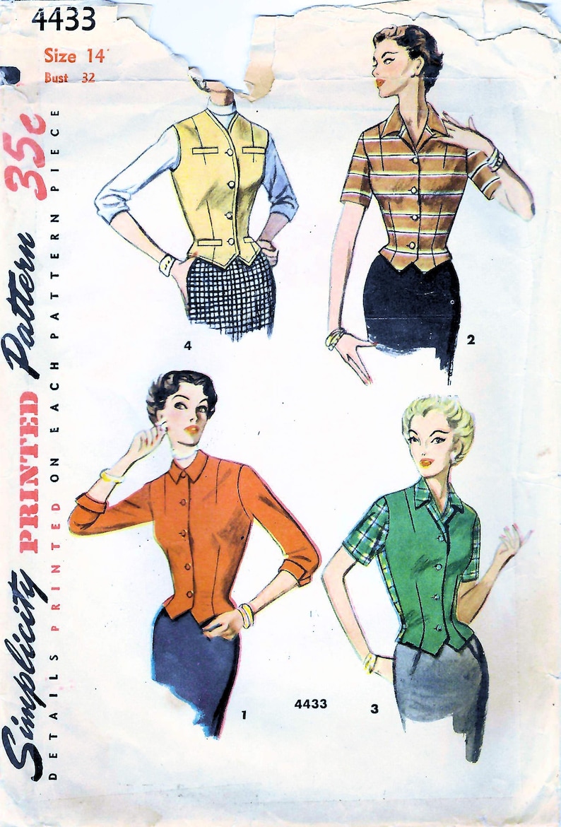 1950s Vest and Jacket Sewing Pattern: Simplicity 4433 Misses Size 14 ...
