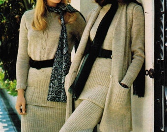 1970s Knitting Pattern PDF File Misses Sweater, Sleeveless Cardigan, Skirt, Pants Crocheted Cap Bonus