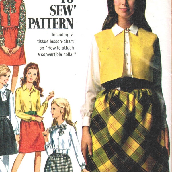 1960s Simplicity 7777 Vintage Sewing Pattern Misses Sleeveless Jacket, Vest, High Waist Mini Skirt, Shirt Size 12 Bust 34, Size 14 Bust 36