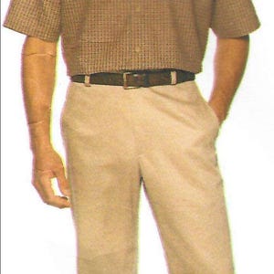 May include: A short-sleeved button-down shirt with a brown and tan micro-check pattern, paired with solid tan trousers and a dark brown leather belt. The shirt features a classic collar and a buttoned front placket, while the trousers have a straight-leg cut.
