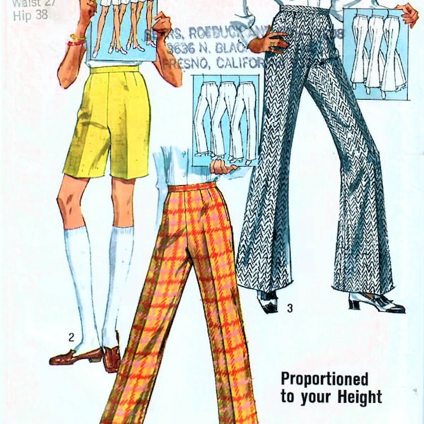 1960s Simplicity 8289 Vintage Sewing Pattern Misses Proportioned Shorts, Long Pants, Bell Bottoms Size Waist 27