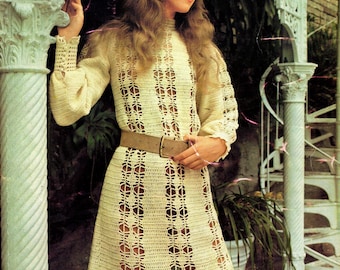 1970s Crochet Pattern PDF File Misses Romantic Dress, Boho Dress