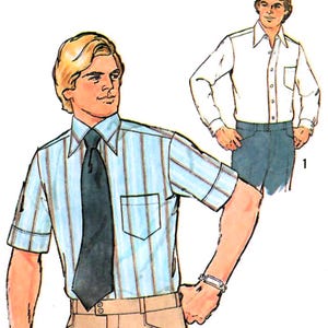 May include: Illustration of a man wearing a short-sleeved, light blue striped shirt with a dark tie and tan pants. Another man is wearing a white long-sleeved shirt and blue pants. The image is a fashion illustration.