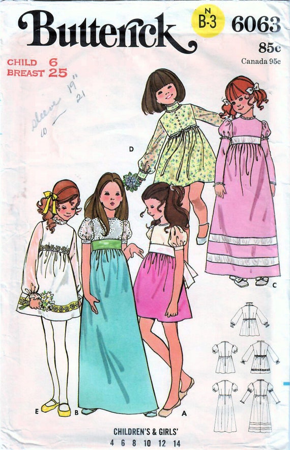 1970s Butterick Vintage Sewing Pattern Girl's Party Dress, Empire Waist  Dress, Evening Dress Size, Mini Dress, Maxi Dress Size 4, Size 6 