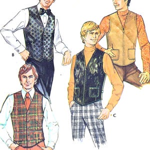 May include: Illustration of four different vests. One is black with a floral pattern, another is brown with a zipper, and the other two are plaid. The vests are paired with dress shirts and turtlenecks.