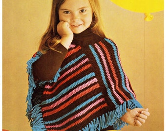 1970s Vintage Crochet Pattern Girl's Fringed Poncho Size 22 - 24 - 26 instant download