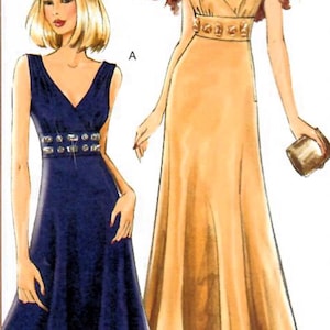 May include: Illustration of two sleeveless dresses. One is a dark blue, knee-length dress with a V-neck and embellished waist. The other is a long, gold dress with a V-neck and embellished waist. Both dresses are elegant.