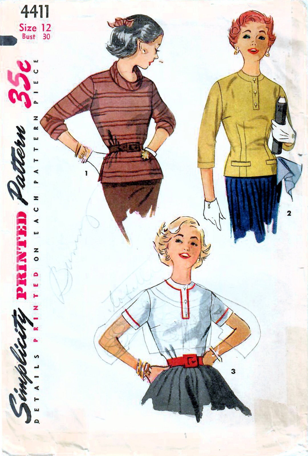 1950s Simplicity 4411 Vintage Sewing Pattern Fitted Blouse, Semi Fitted ...