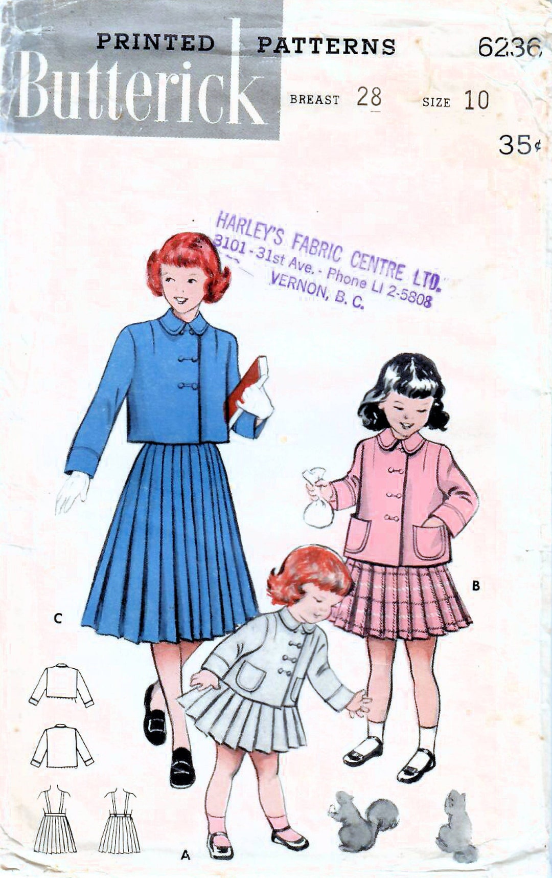 1950s Butterick 6236 Vintage Sewing Pattern Box Jacket, Pleated Skirt Girls Size 10 Etsy