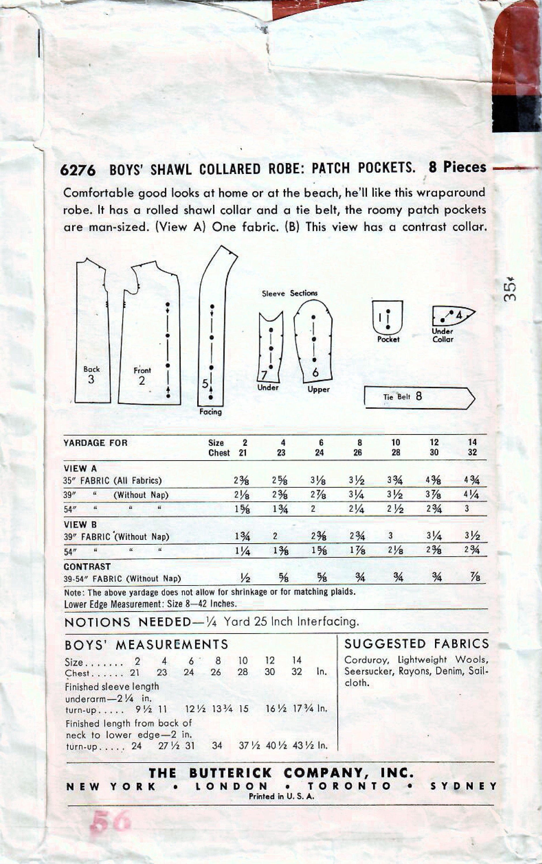 1950s Butterick 6276 Vintage Sewing Pattern Boys Robe, Bathrobe, Wrap ...