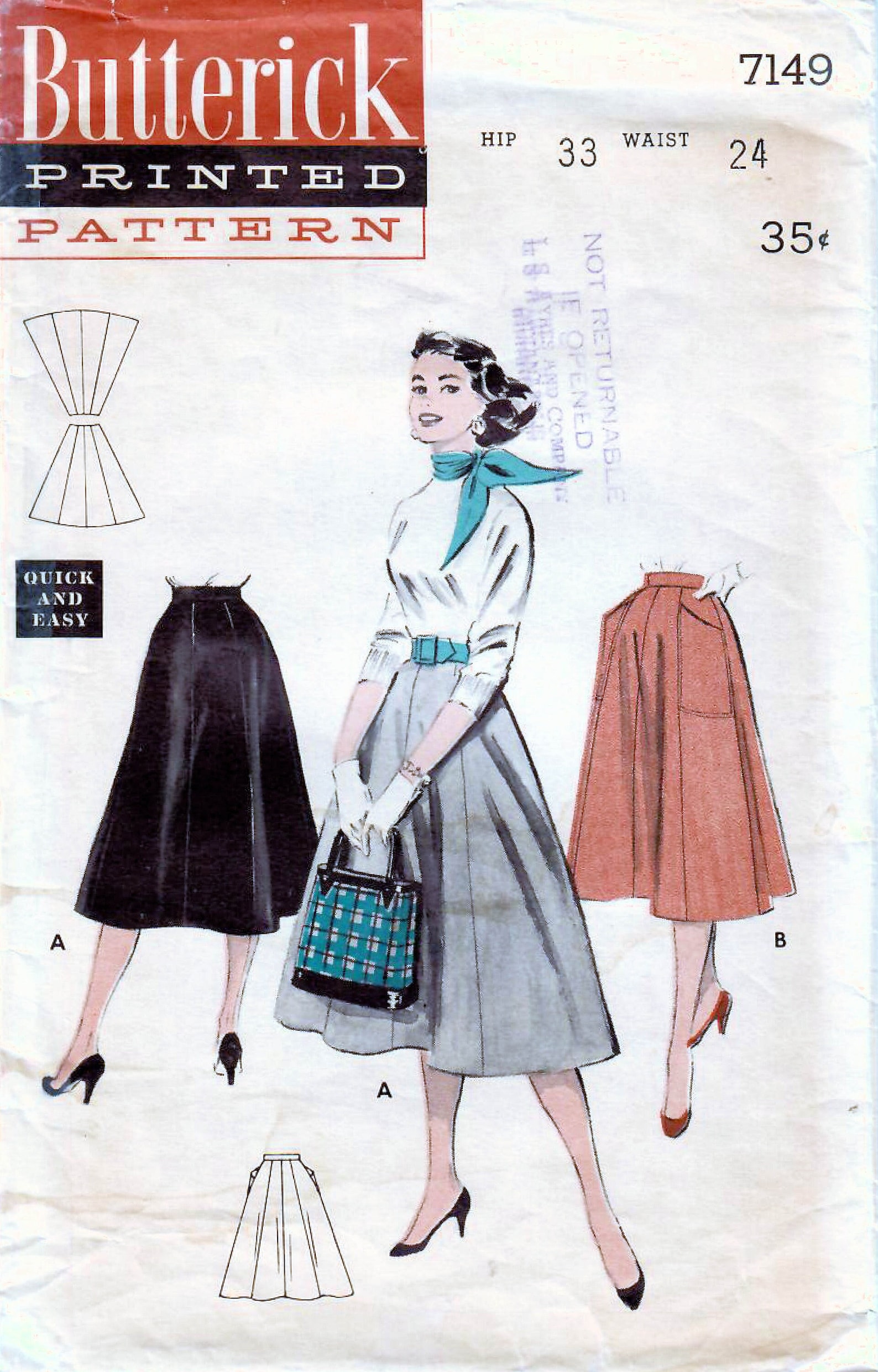 1950s Butterick 7149 Vintage Sewing Pattern Misses Flared Skirt, 8-gore ...
