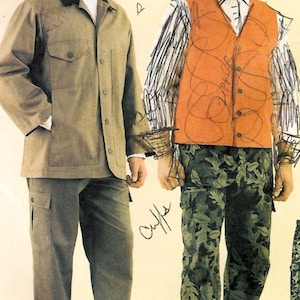 May include: Two outfits displayed: one features a tan jacket with a dark collar, matching cargo trousers, and an orange cap. The second outfit includes a bright orange waistcoat over a white shirt with black pinstripes, paired with green camouflage cargo trousers.