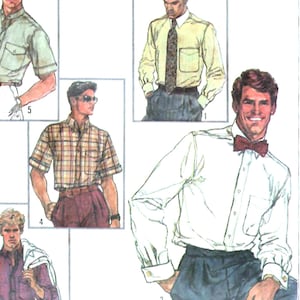 May include: Illustration of various shirts, including a light green short-sleeve shirt, a yellow long-sleeve shirt with a tie, a plaid short-sleeve shirt, and a white long-sleeve shirt with a bow tie. The shirts are paired with different colored pants.