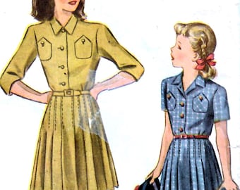 1940s Simplicity 1067 Vintage Sewing Pattern Girls Shirtwaist Dress, Pleated Dress Size 10