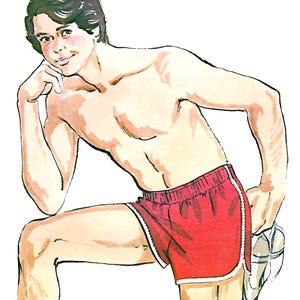 May include: Illustration of a person in red athletic shorts with white trim, holding a shoe. The person is shirtless, with dark hair and a thoughtful expression. The shorts have an elastic waistband.