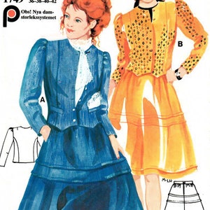May include: A sewing pattern for a skirt and jacket. The pattern is for sizes 34-42. The pattern is illustrated with two women wearing the garments. The woman on the left is wearing a blue skirt and jacket. The woman on the right is wearing a yellow skirt and jacket.