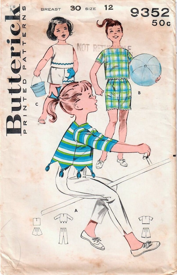 1960s Butterick 9352 Vintage Sewing Pattern Girls Sportswear, Pullover Top,  Capri Pants, Jamaica Shorts, Sleeveless Top Size 12, Size 8 