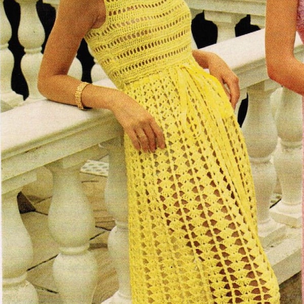 1970s Long Sleeveless Empire Waist Dress PDF Digital Download Crochet Pattern Size Bust 32 - 34 - 36
